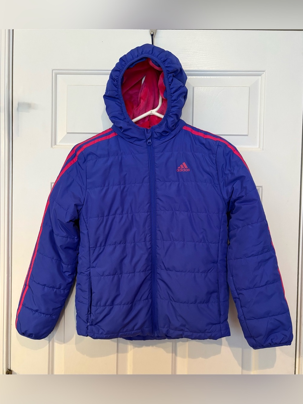Adidas Girls Cozy Purple Puffer Jacket Size Medium 10/12 -Pink Sleeve Stripes